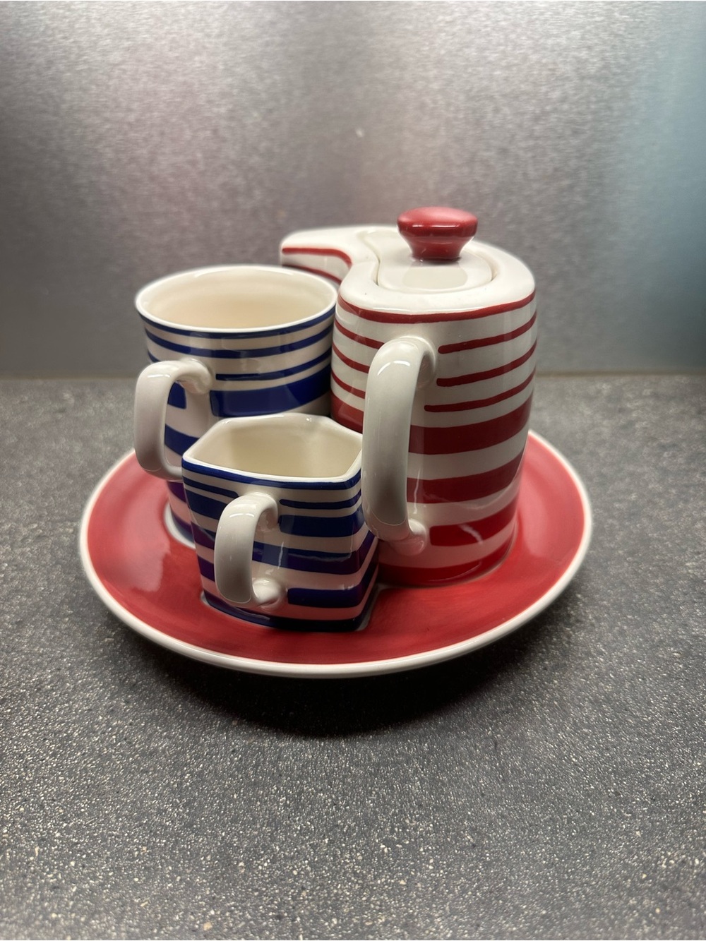 HuesNBrews Striped Ceramic Tea for one Set - Red, White and Blue